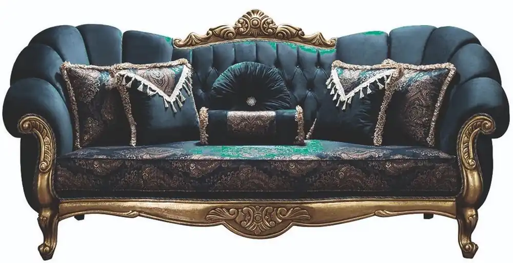 Top-Preis Casa Padrino Luxus Barock Sofa Blau / Gold 220 x 90 x H. 110 cm - Prunkvolles Wohnzimmer Sofa mit Glitzersteinen und dekorativen Kissen