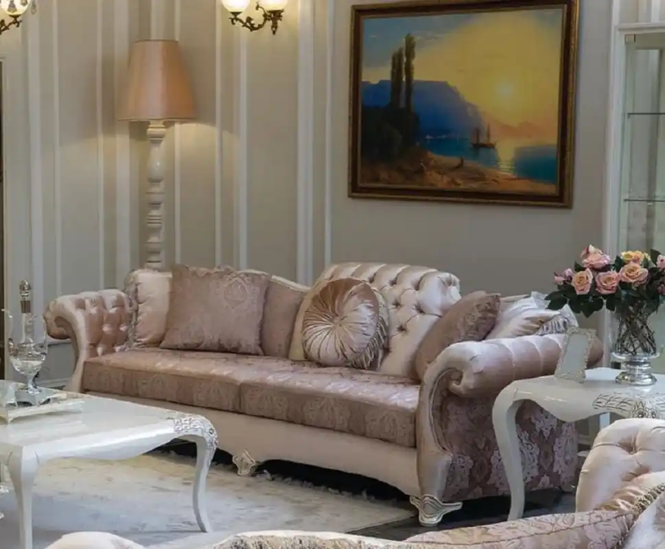 Casa Padrino Luxus Barock Wohnzimmer Sofa Rosa / Lila / Weiß / Beige 265 x 97 x H. 84 cm - Massivholz Sofa mit elegantem Muster und dekorativen Kissen - Wohnzimmer Möbel im Barockstil Rabatt