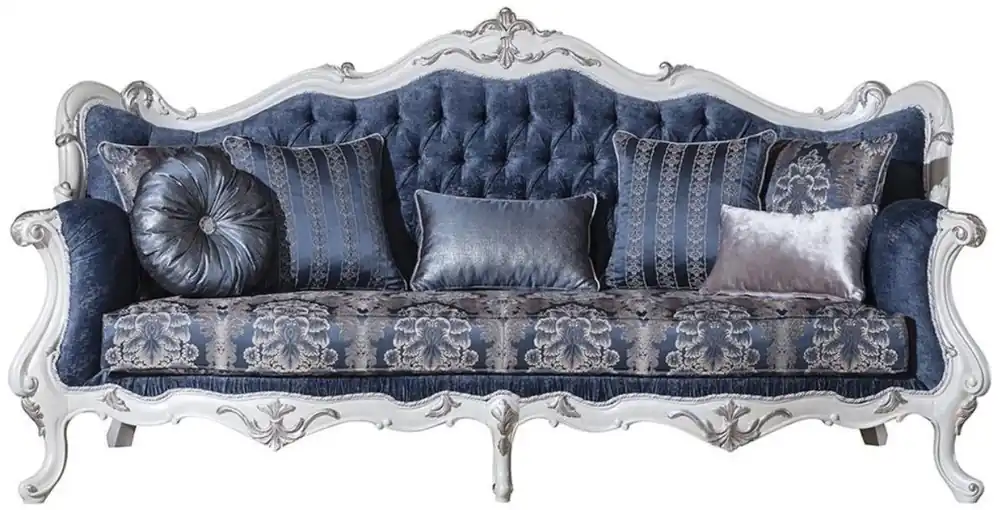 Casa Padrino Luxus Barock Wohnzimmer Sofa mit Muster und dekorativen Kissen Blau / Weiß / Silber 240 x 90 x H. 120 cm - Prunkvolle Barock Möbel Gratis Versand