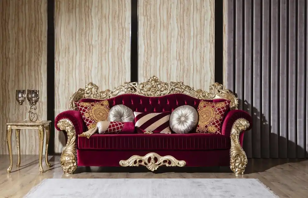 Heute Kaufen Casa Padrino Luxus Barock Sofa Bordeauxrot / Gold 244 x 95 x H. 123 cm - Prunkvolles Wohnzimmer Sofa mit dekorativen Kissen - Barock Wohnzimmer Möbel