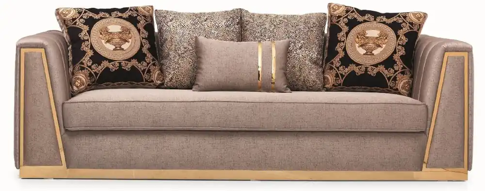Casa Padrino Luxus Wohnzimmer Sofa mit dekorativen Kissen Grau / Gold 240 x 92 x H. 78 cm - Luxus Wohnzimmer Möbel Preisreduziert