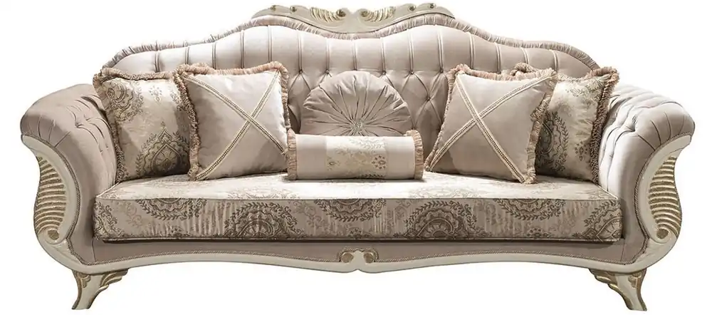Gleich Bestellen Casa Padrino Luxus Barock Wohnzimmer Sofa mit Glitzersteinen und dekorativen Kissen Grau / Creme / Gold 220 x 80 x H. 100 cm - Edle Barockstil Möbel