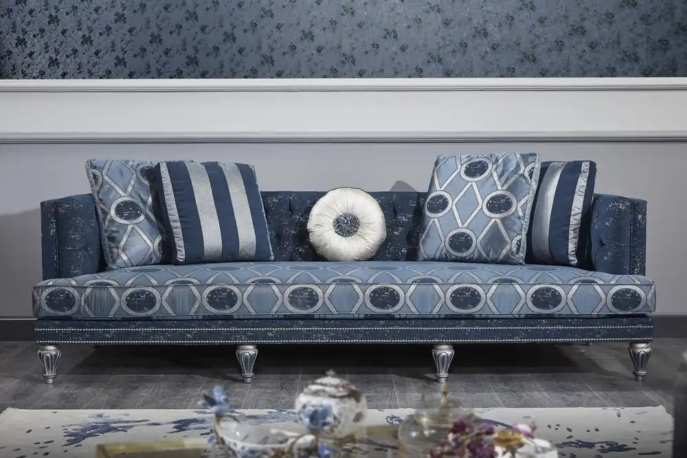 Casa Padrino Luxus Barock Chesterfield Sofa Dunkelblau / Hellblau / Silber 250 x 92 x H. 85 cm - Barock Wohnzimmermöbel Günstig