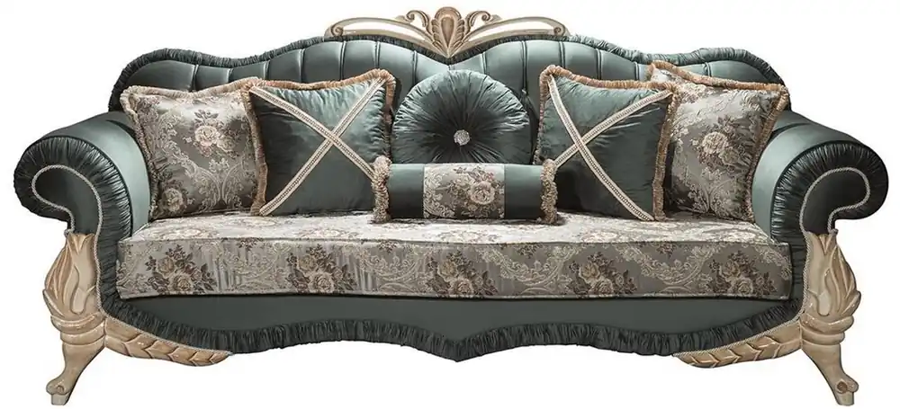 Gleich Bestellen Casa Padrino Luxus Barock Wohnzimmer Sofa mit Glitzersteinen und dekorativen Kissen Grün / Creme / Beige 220 x 85 x H. 100 cm - Möbel im Barockstil