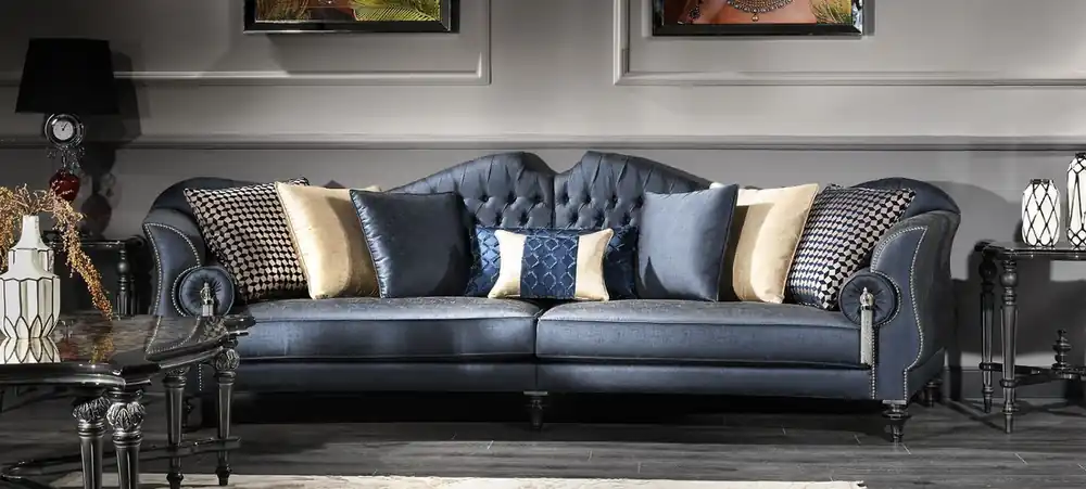 Casa Padrino Luxus Barock Wohnzimmer Sofa Blau / Silber / Schwarz 300 x 94 x H. 88 cm - Edel & Prunkvoll Geld-Zurück-Garantie