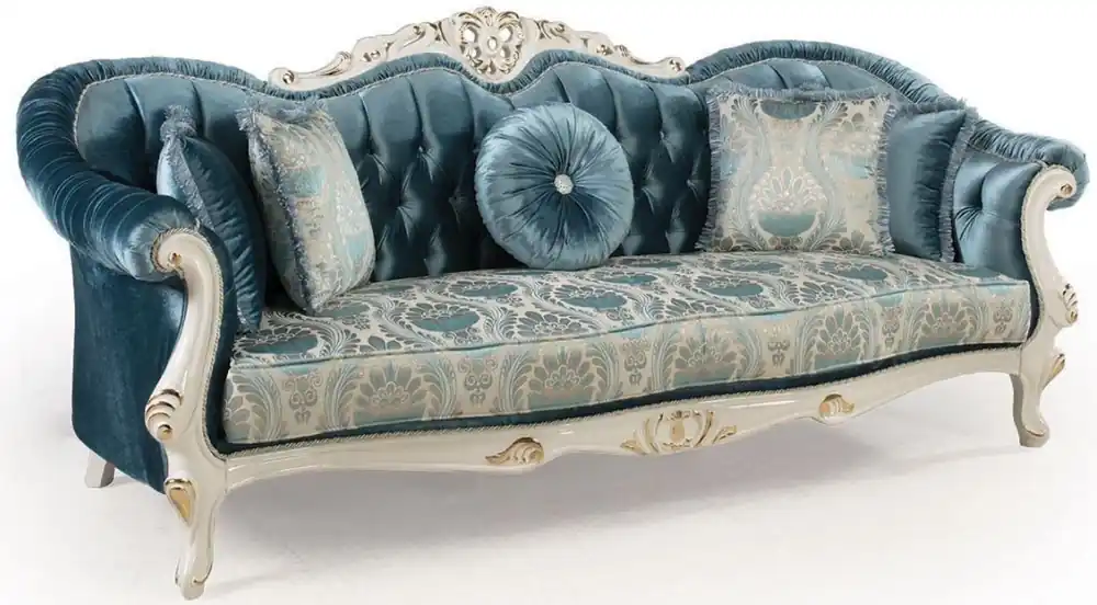 Casa Padrino Luxus Barock Wohnzimmer Sofa mit Kissen Blau / Weiß / Gold 240 x 87 x H. 99 cm - Barock Möbel - Edel & Prunkvoll Neue Kollektion