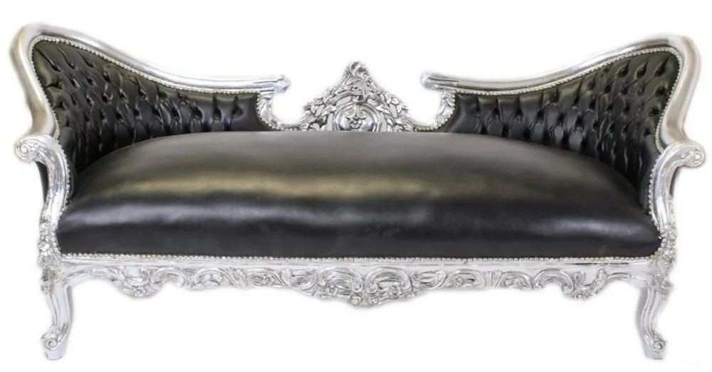 Casa Padrino Barock Sofa Vampire Schwarz Lederoptik / Silber - Limited Edition - Lounge Couch Expressversand