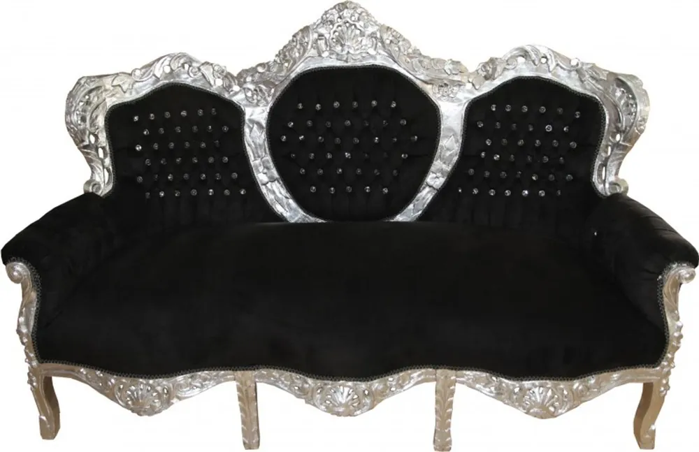 Casa Padrino Barock 3-er Sofa"King" Schwarz/Silber mit Bling Bling Glitzersteinen Möbel Neu