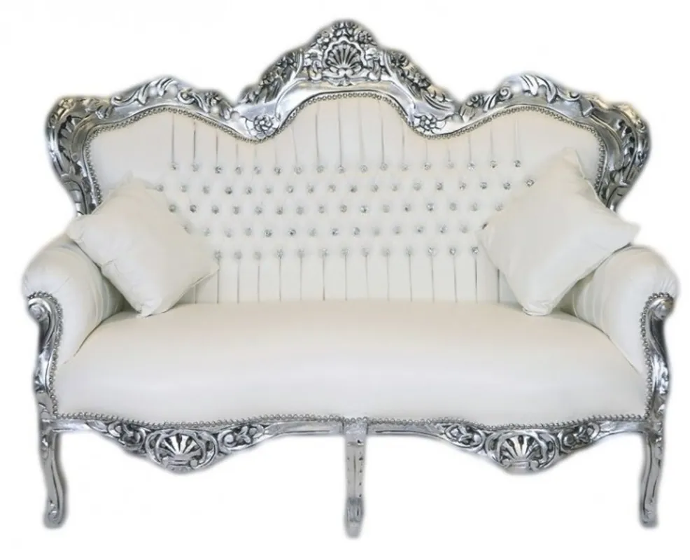 Super-Preis Casa Padrino Barock 2er Sofa Master Weiß Lederoptik / Silber - Wohnzimmer Couch Möbel Lounge