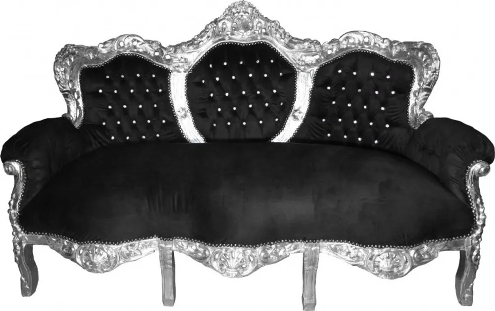 Gratis Versand Casa Padrino Barock 3-er Sofa"King" Schwarz/Silber mit Bling Bling Glitzersteinen Möbel