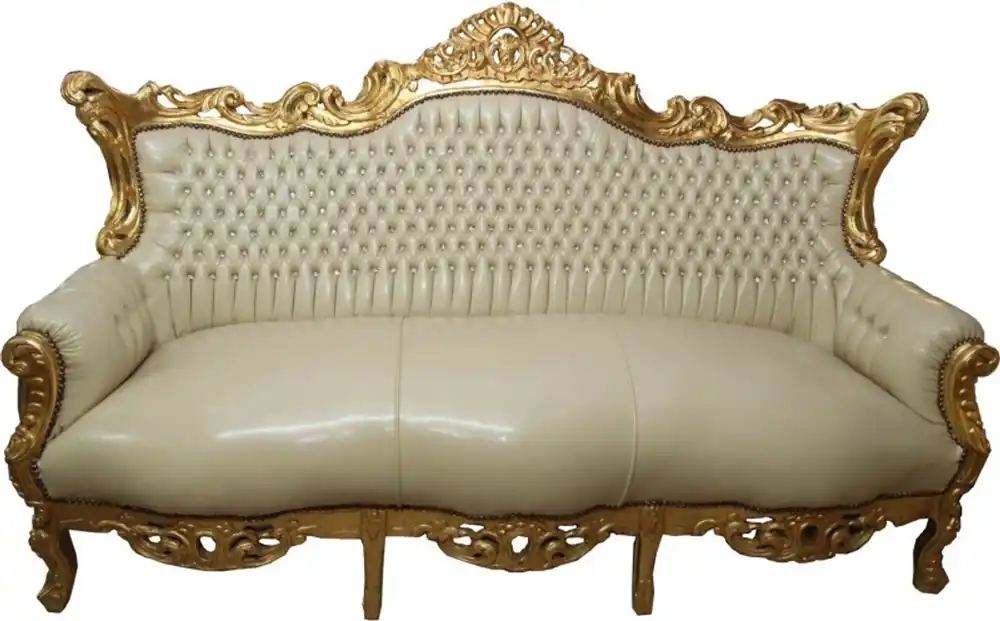 Casa Padrino Barock 3er Sofa Master Creme Lederoptik / Gold mit Bling Bling Glitzersteinen - Antik Stil Möbel Handgefertigt