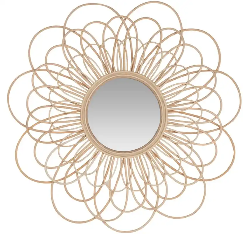 Geld-Zurück-Garantie Casa Padrino Designer Rattan Spiegel Naturfarben Ø 85 cm - Wandspiegel im Blumen Design