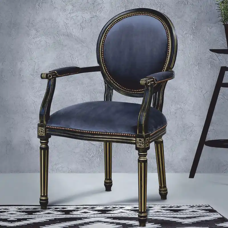 Casa Padrino Luxus Barock Esszimmer Stuhl mit Armlehnen Blau / Schwarz / Gold - Barockstil Möbel Handgefertigt