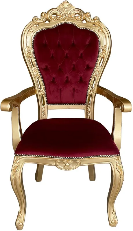 Casa Padrino Luxus Barock Esszimmer Stuhl Bordeauxrot / Gold - Handgefertigter Antik Stil Stuhl mit Armlehnen und edlem Samtstoff - Esszimmer Möbel im Barockstil Gratis Versand