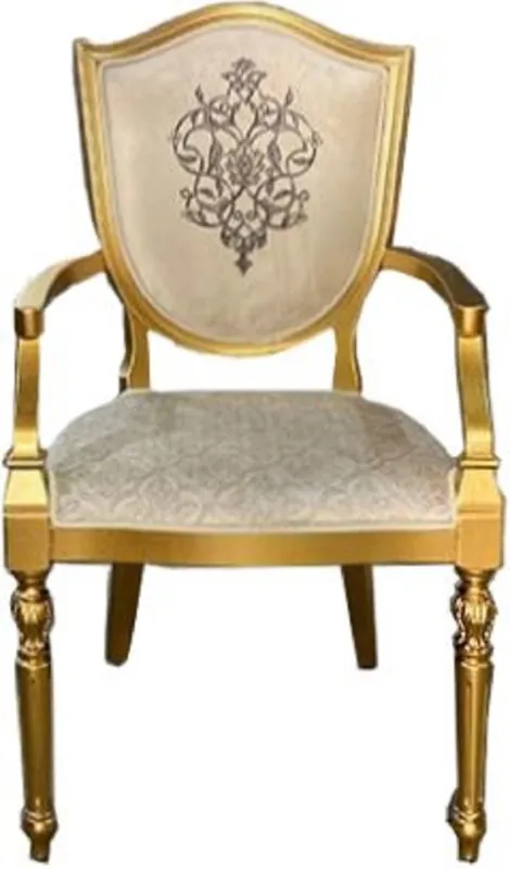 Exklusiv Casa Padrino Art Deco Esszimmerstuhl Cremefarben / Gold - Massivholz Stuhl mit Armlehnen und elegantem Muster - Art Deco Esszimmer Möbel