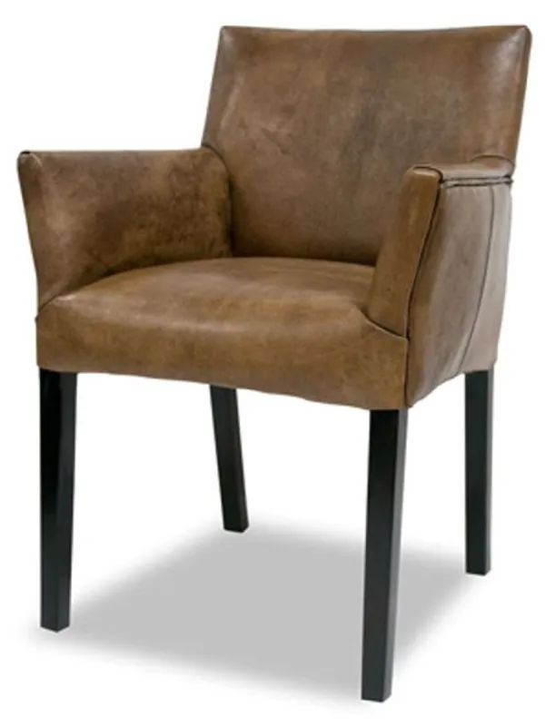 Casa Padrino Luxus Leder Esszimmerstuhl Vintage Braun / Schwarz 64 x 61 x H. 85 cm - Echtleder Küchenstuhl mit Armlehnen - Esszimmer Möbel Top-Qualität