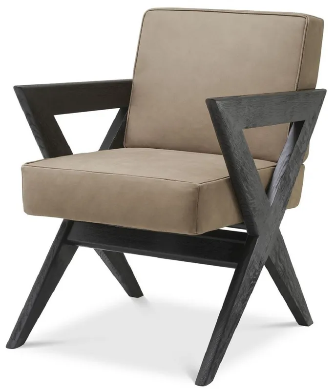 Casa Padrino Luxus Echtleder Esszimmerstuhl mit Armlehnen Beige / Schwarz 59 x 74 x H. 88 cm - Küchenstuhl mit edlem Nubuk Büffelleder - Luxus Esszimmer Möbel Sonderangebot