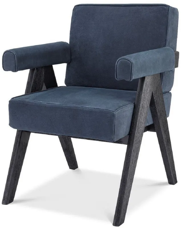 Casa Padrino Luxus Echtleder Esszimmerstuhl mit Armlehnen Blau / Schwarz 64 x 70 x H. 87,5 cm - Küchenstuhl mit edlem Nubuk Büffelleder - Luxus Esszimmer Möbel Rabatt