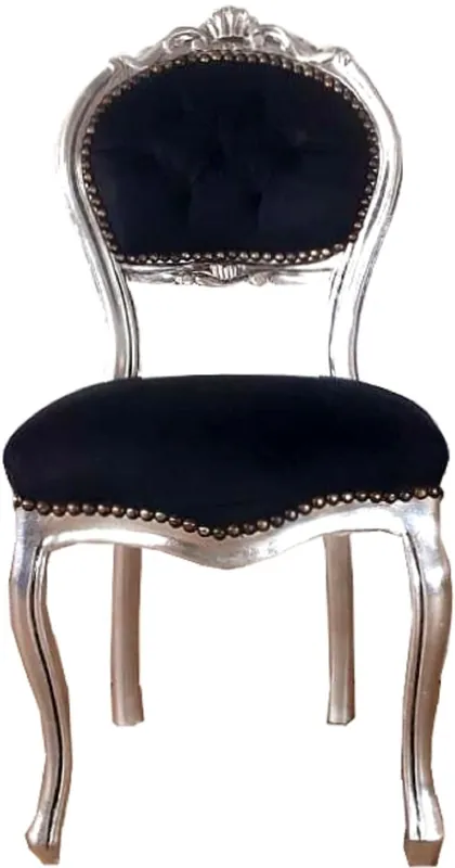 Weltweiter Versand Casa Padrino Barock Damen Stuhl Schwarz / Silber 40 x 44 x H. 83 cm - Handgefertigter Schminktisch Stuhl mit edlem Samtstoff - Möbel im Barockstil