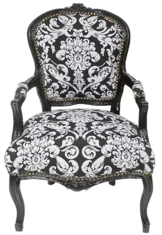 Großhandel Casa Padrino Barock Salon Stuhl mit Armlehnen und elegantem Muster Schwarz / Weiß 60 x 60 x H. 95 cm - Handgefertigter Antik Stil Stuhl - Möbel im Barockstil