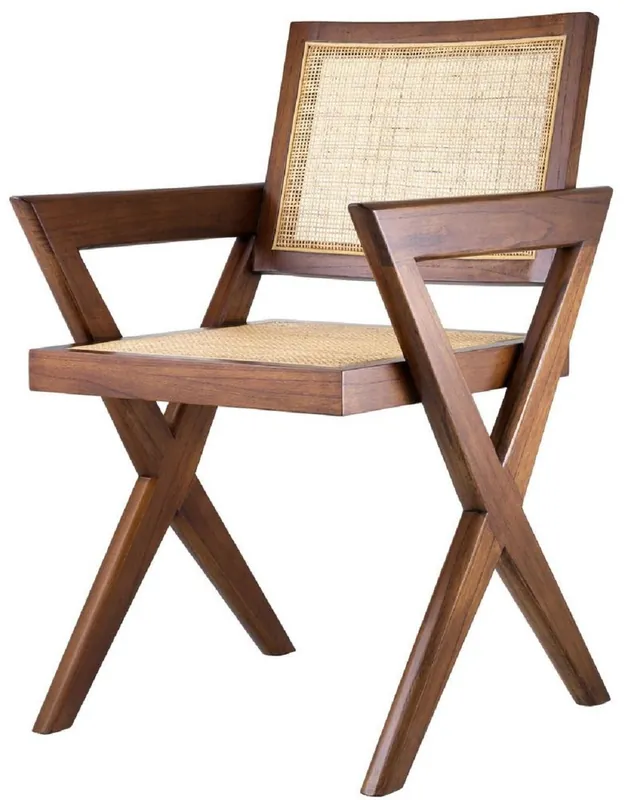 Bestpreis Casa Padrino Luxus Esszimmerstuhl Braun / Naturfarben 53 x 57 x H. 84,5 cm - Massivholz Stuhl mit Armlehnen und handgewebtem Rattangeflecht - Luxus Esszimmer Möbel