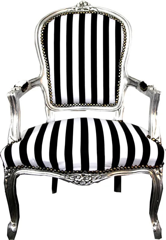 Casa Padrino Barock Salon Stuhl Schwarz / Weiß Streifen / Silber - Möbel gestreift Markenware