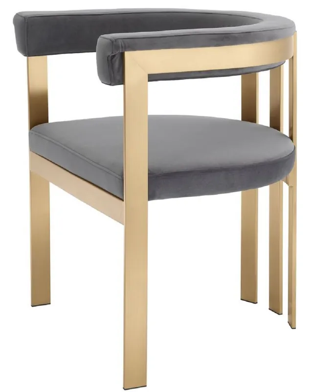 Casa Padrino Luxus Esszimmerstuhl mit Armlehnen Grau / Messingfarben 61 x 56 x H. 73 cm - Edelstahl Küchenstuhl mit edlem Samtstoff - Luxus Küchenmöbel Super-Preis