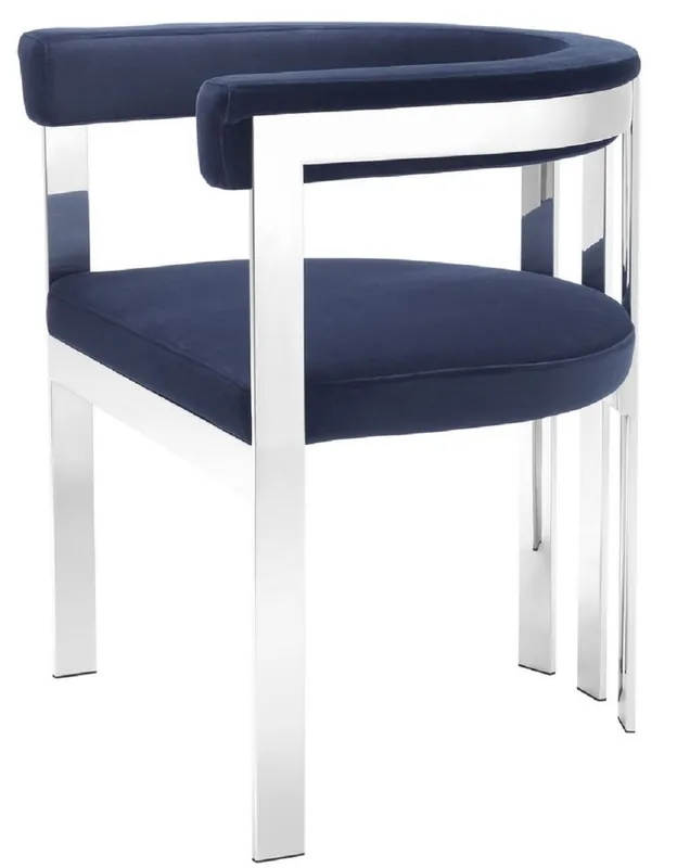 Weltweiter Versand Casa Padrino Luxus Esszimmerstuhl mit Armlehnen Mitternachtsblau / Silber 61 x 56 x H. 73 cm - Edelstahl Küchenstuhl mit edlem Samtstoff - Luxus Küchenmöbel