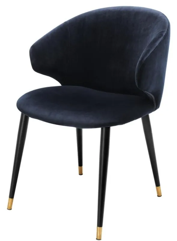 Casa Padrino Luxus Esszimmerstuhl mit Armlehnen Mitternachtsblau / Schwarz / Gold 57 x 66 x H. 83 cm - Esszimmermöbel Sonderangebot