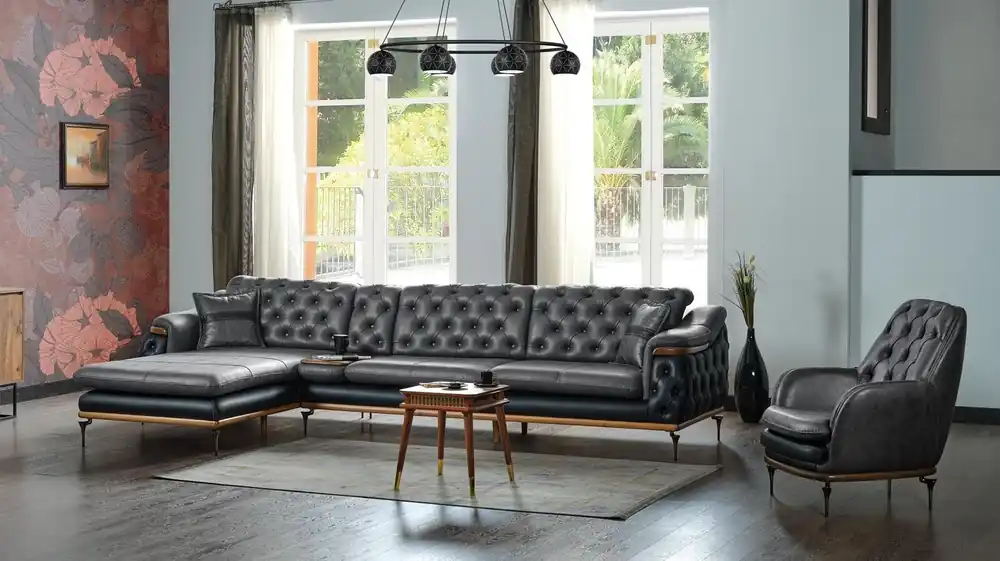 Schwarz Wohnzimmer Set Ecksofa L-Form Sessel Modern Chesterfield Komplett Finale Aktion
