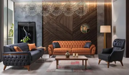 Schwarz-Orange Chesterfield Sofagarnitur Wohnzimmer Stilvolle Sofas 3tlg Kostenloser Versand