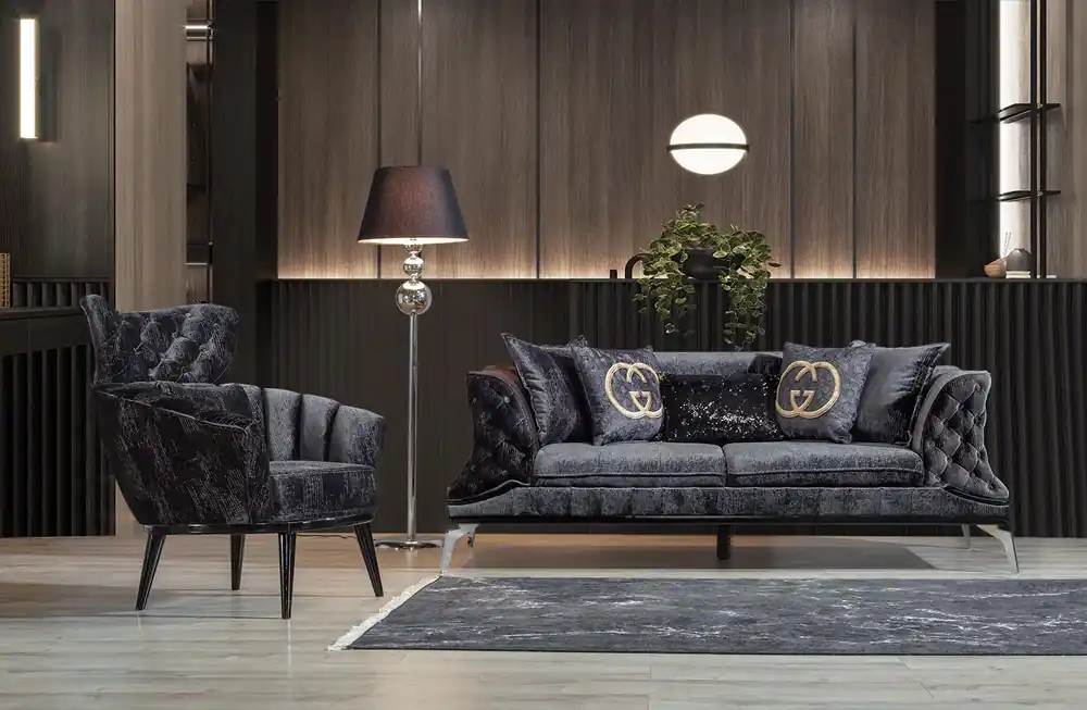 Preisknaller Schwarze Couch Sofa Garnitur 3+1 Sitz Chesterfield Wohnzimmer Polster
