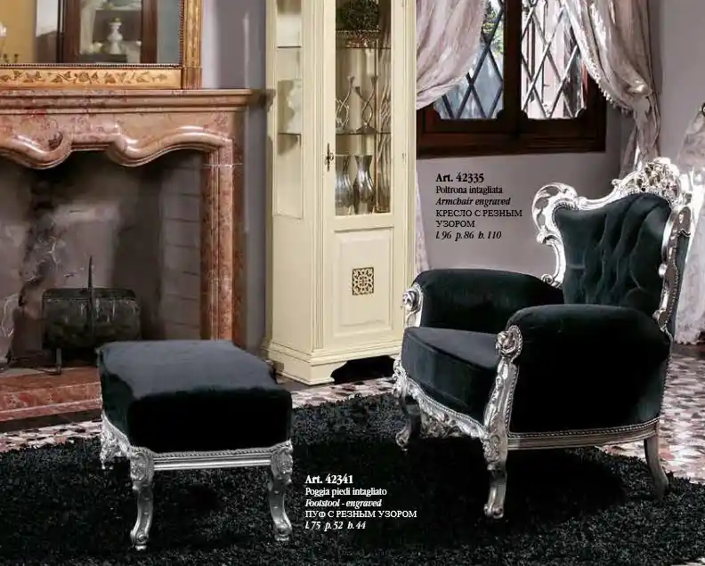 Sessel + Hocker Polster Sessel Design Luxus Massivholz Klassische Barock Rokoko Garnitur Exklusiv