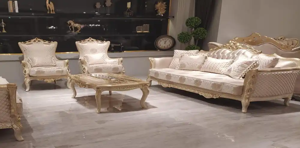 Sofagarnitur 3+1+1 Sitzer Couchtisch Sofa Sessel Sofas Garnitur Set Gold Stil Neue Kollektion
