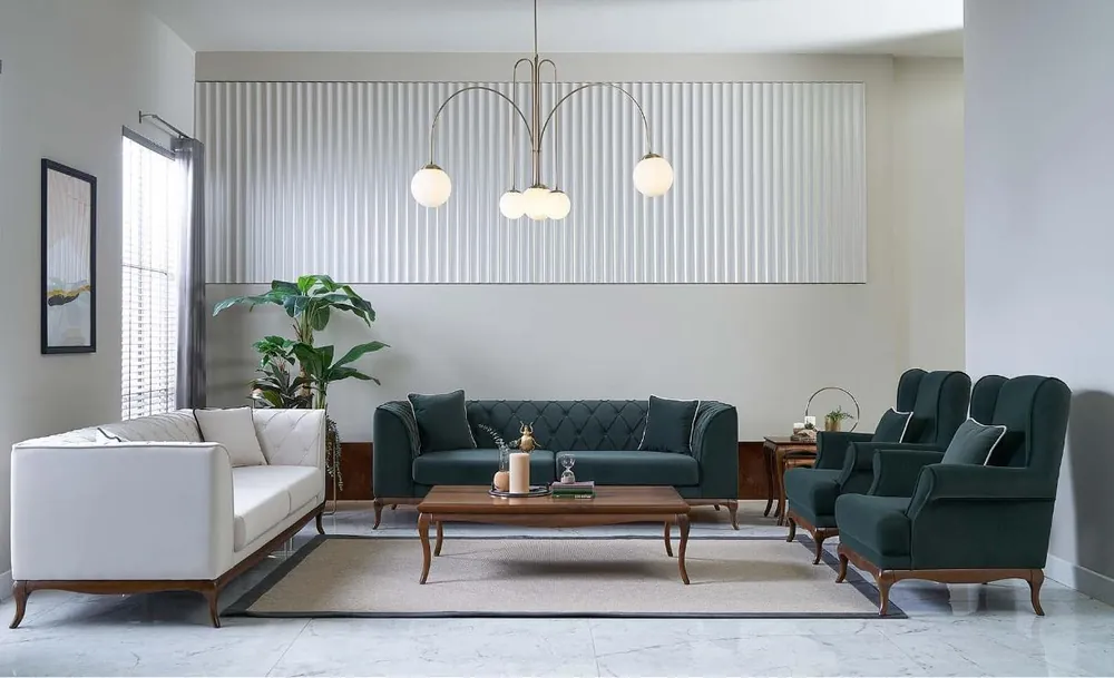 Sofagarnitur Dreisitzer Sessel Zweisitzer Stoffsofa Grün Polstersofas Limited Edition