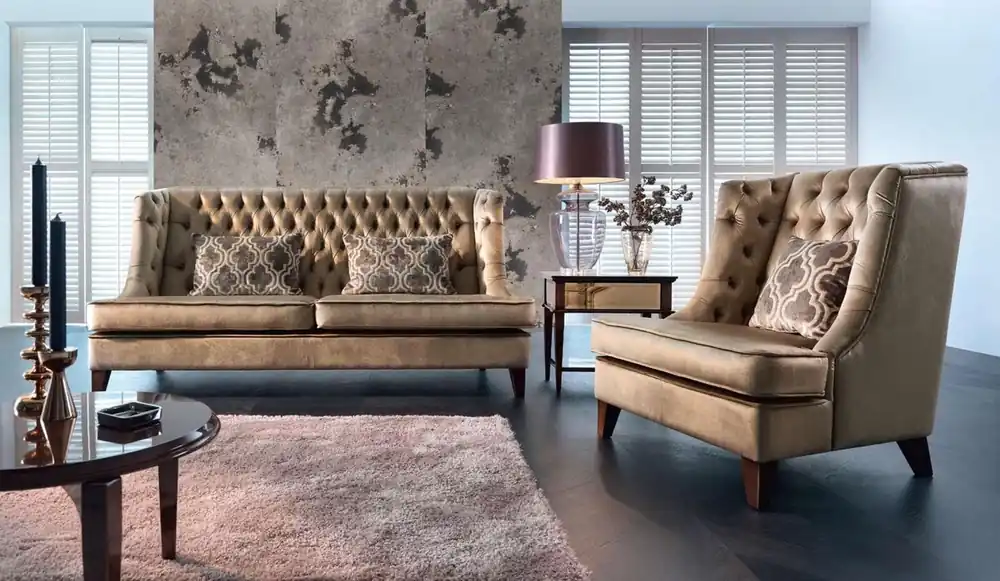 Gratis Versand Sofagarnitur Sofa Garnitur 3 Sitzer Sessel Chesterfield Modern Stoff Braun 3tlg