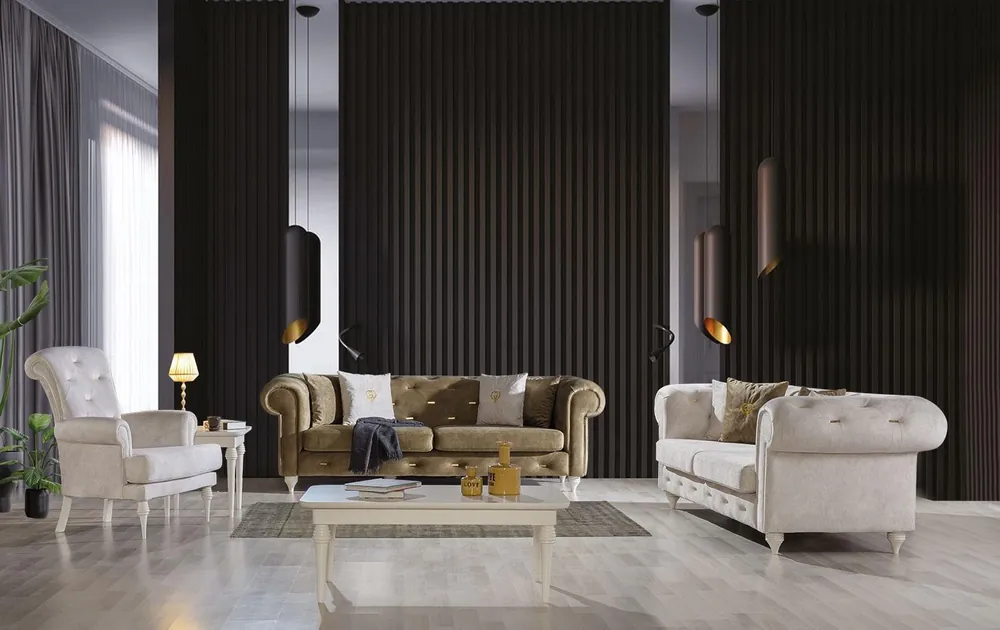 Stilvolle Wohnzimmer Sofagarnitur Dreistzer 2-Sitzer Luxus Sessel Couch Neue Kollektion
