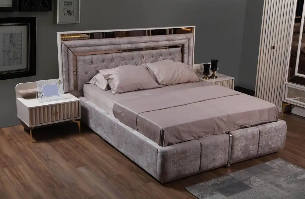 Taupes Schlafzimmer Set Designer Möbel Doppelbett Nachttische Holzmöbel Markenware