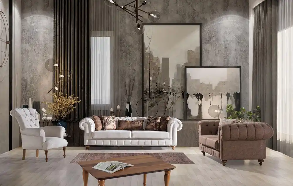 Weiß-Braune Chesterfield Sitzgruppe Designer Sofas Luxus Garnitur 3+2+1 Expressversand