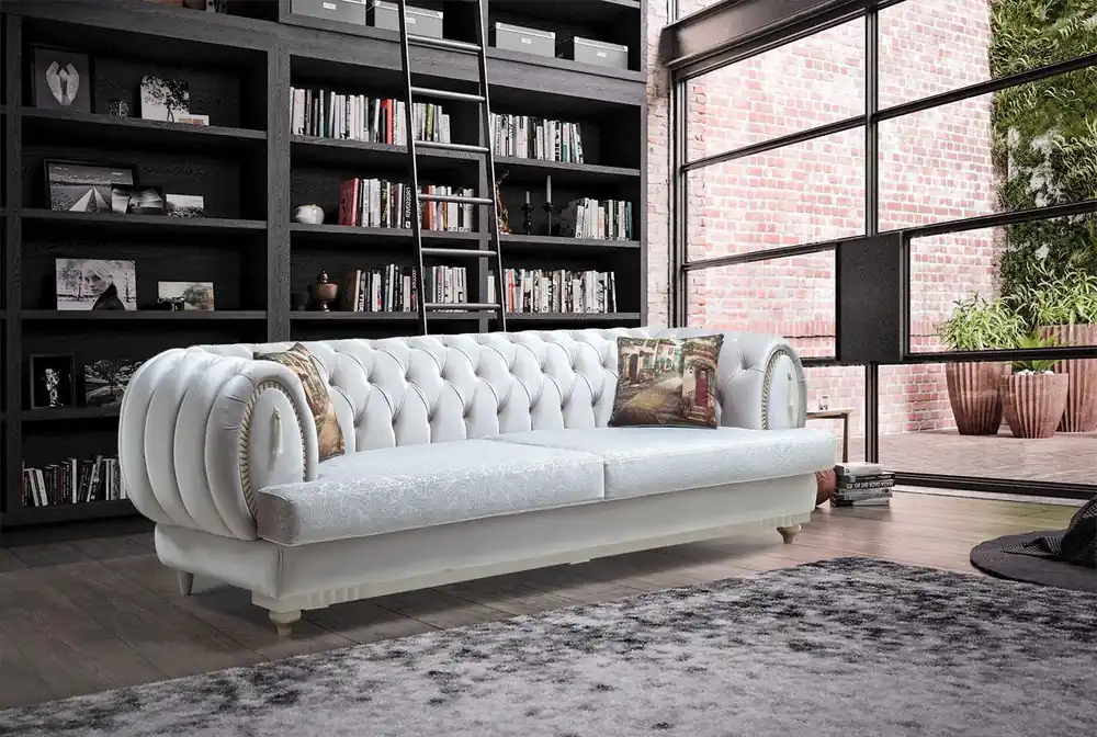 Hochwertig Weißer Chesterfield Dreisitzer Modernes Sofa Stilvolle Wohnzimmer Couch