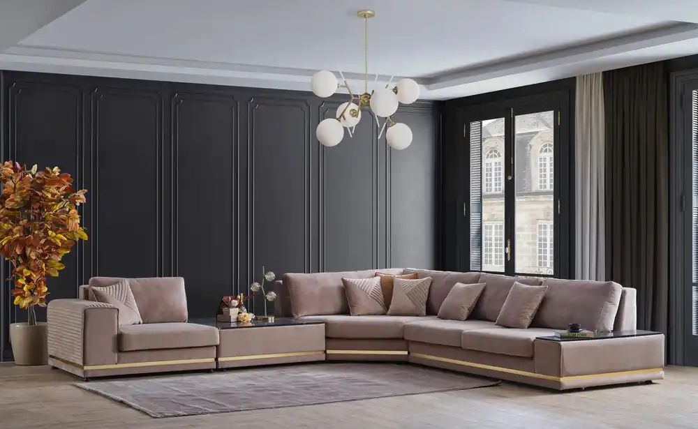 Neu Im Sortiment Beige L-Form Wohnlandschaft Designer Polstersofa Stilvolle Couchen Neu