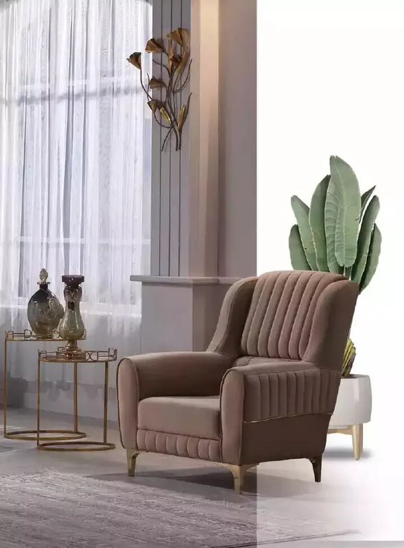 Handgefertigt Brauner Textil Sessel Luxus Wohnzimmer Einsitzer Holzgestell Modern