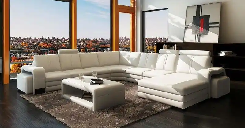Ecksofa U-Form + 2x Hocker + Couchtisch Couch Design Grau Polster Leder Mega-Angebot