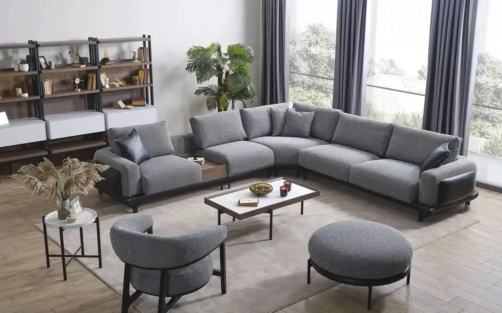 Letzte Chance Graue Wohnzimmer Garnitur Luxus Ecksofa L-Form Couch Couchtisch Hocker