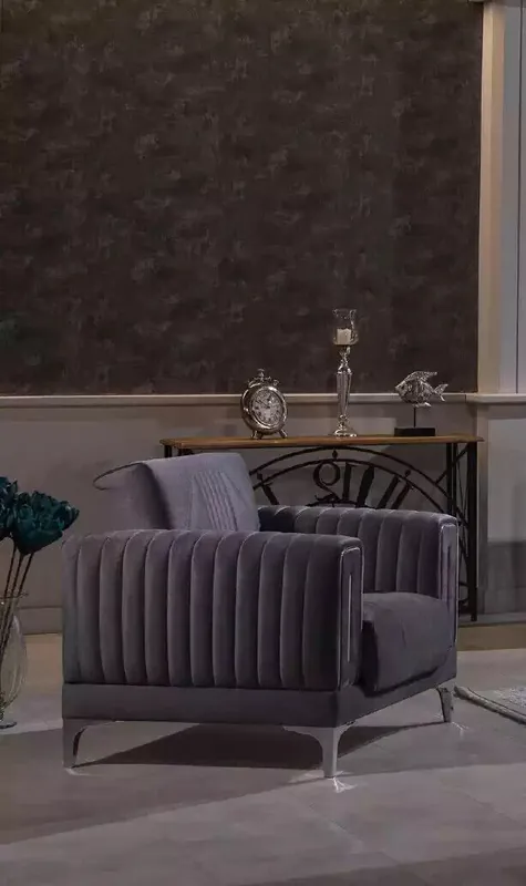 Original Grauer Sessel Polster Einsitzer Wohnzimmer Möbel Holzgestell Textil