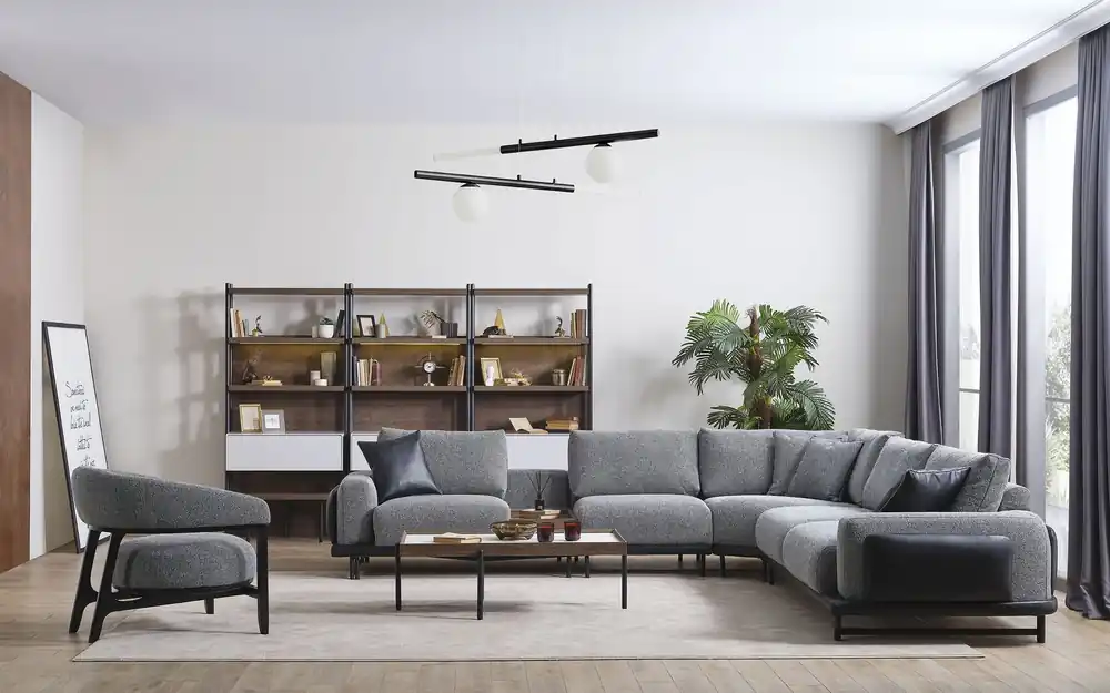 Graues Wohnzimmer Set L-Form Sofa Designer Polstersessel Couchtisch Wochenendangebot