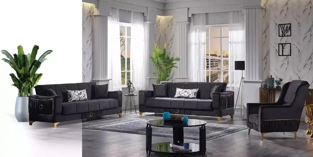 Schwarze Sofagarnitur 3+3+1 Sitzer Couchen Stoff Sitzmöbel Sessel Sofa Kostenloser Rückversand