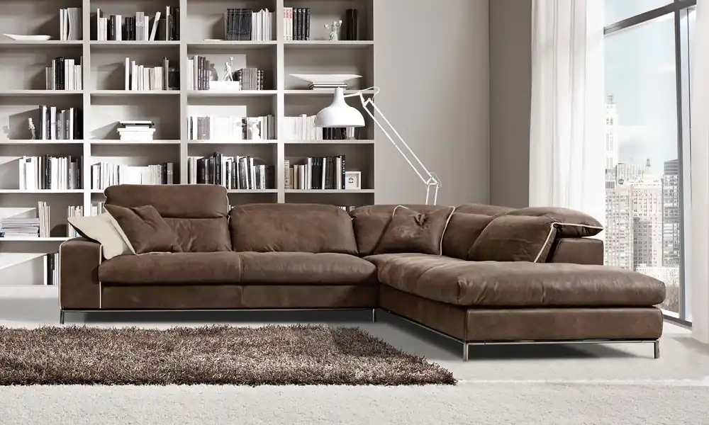 Design Ecksofa Prianera Moderne Luxus Ecke Leder Holz Sofa L-Form Braun Preisknaller